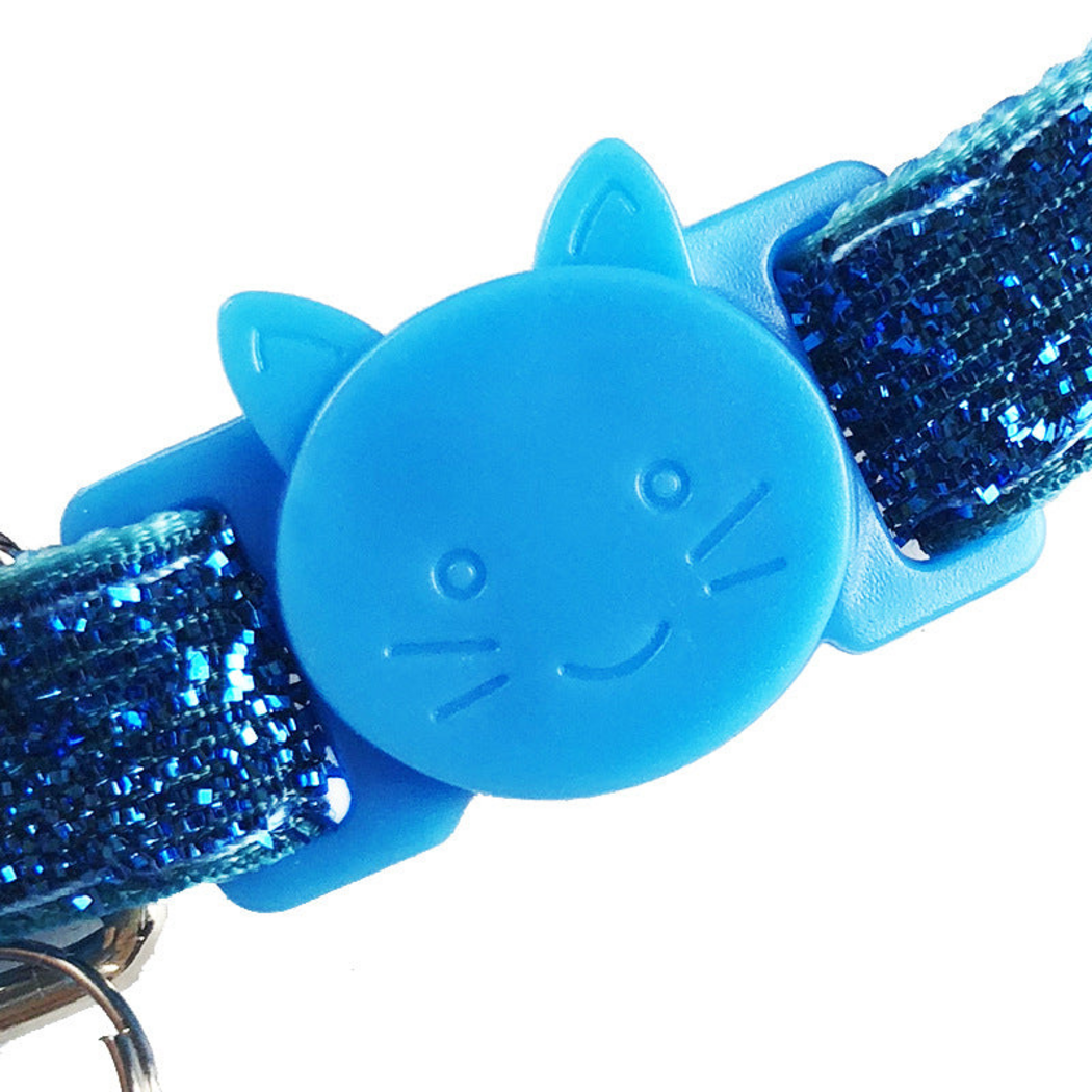 Close-up of cat-face buckle and glittery collar strap