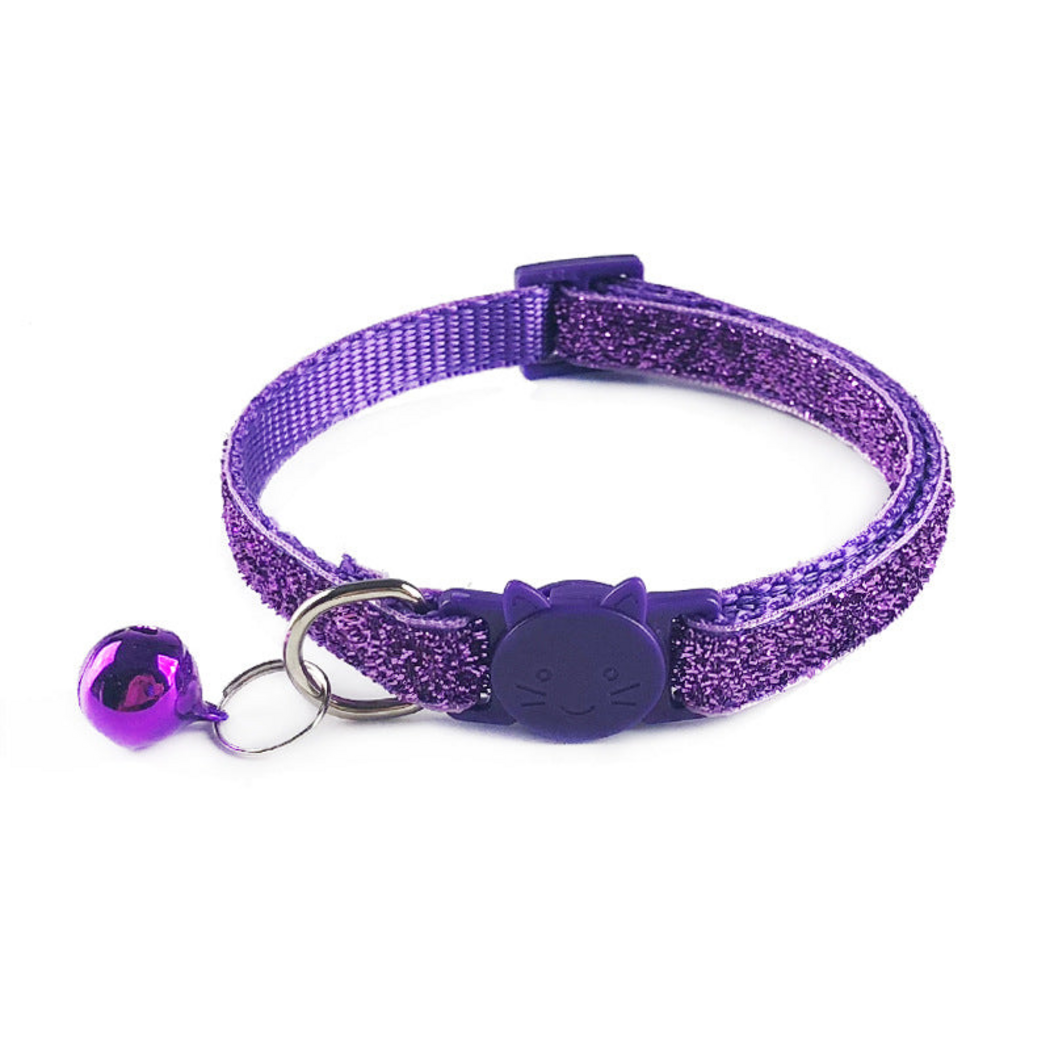 Purple glittery cat collar with cat-face buckle and hanging bell
