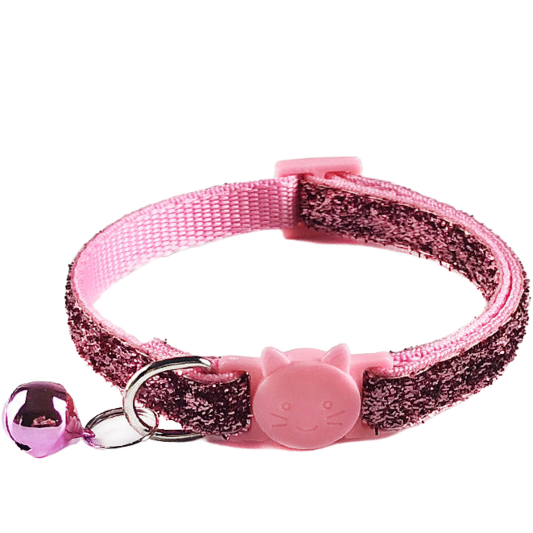 Pink glittery cat collar with cat-face buckle and hanging bell