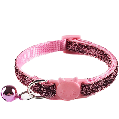 Pink glittery cat collar with cat-face buckle and hanging bell
