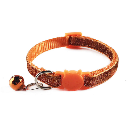 Orange glittery cat collar with cat-face buckle and hanging bell