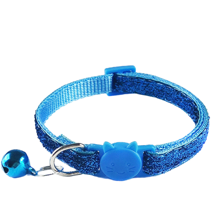 Blue glittery cat collar with cat-face buckle and hanging bell