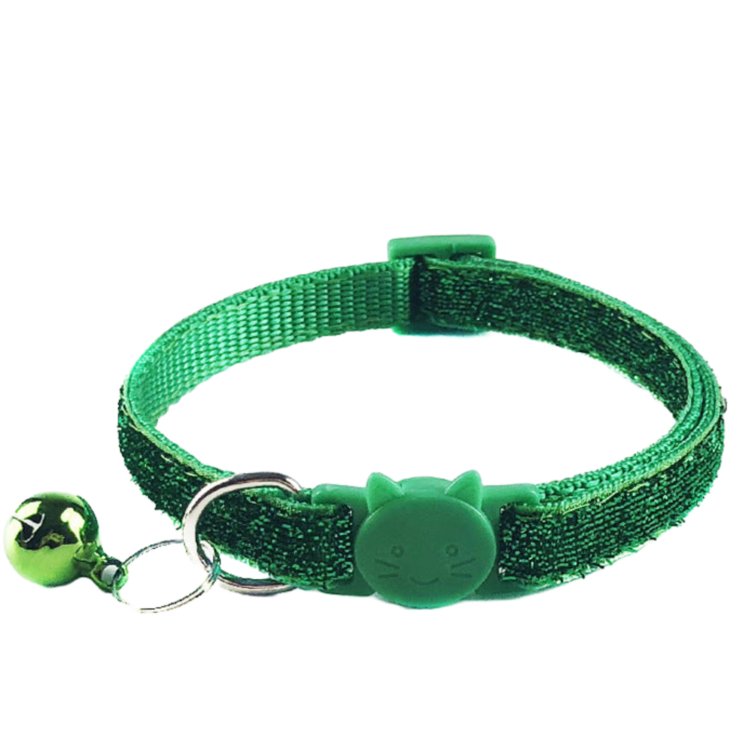 Green glittery cat collar with cat-face buckle and hanging bell