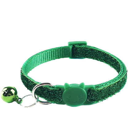 Green glittery cat collar with cat-face buckle and hanging bell