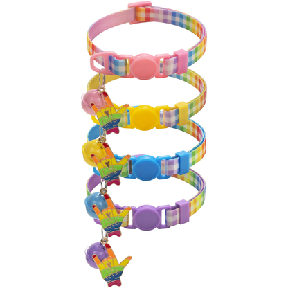 Pink, Yellow, Blue and Purple rainbow plaid cat collars displayed in loops with bells and hand-shaped charms
