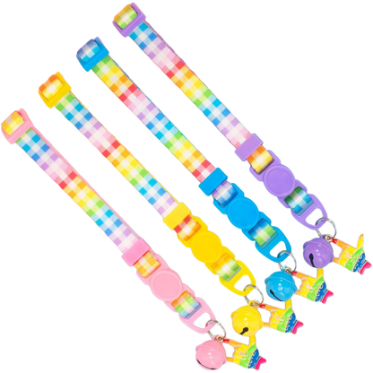 Pink, Yellow, Blue and Purple rainbow plaid cat collars laid flat with strap adjusters, bells and hand-shaped charms