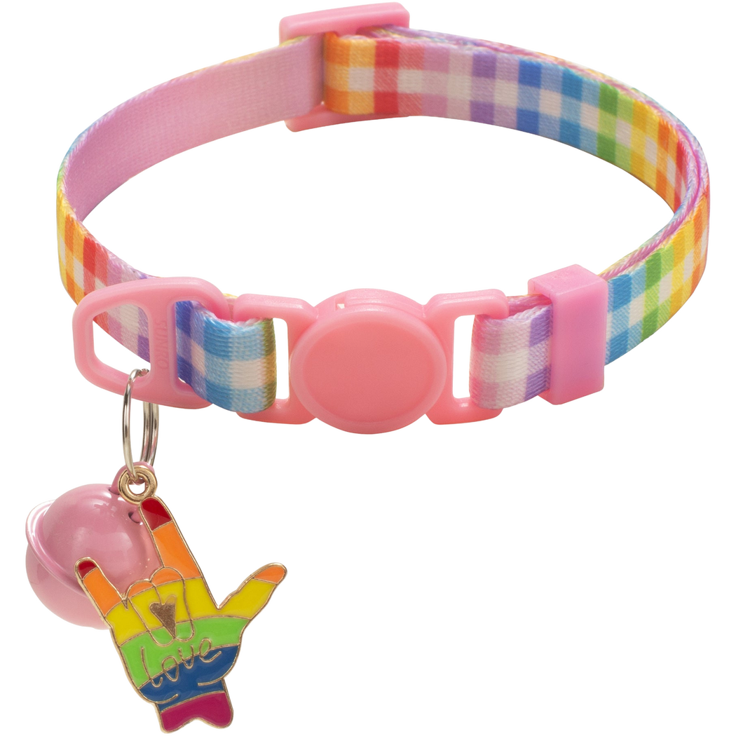 Pink cat collar with rainbow plaid strap, round buckle, bell and hand-shaped charm