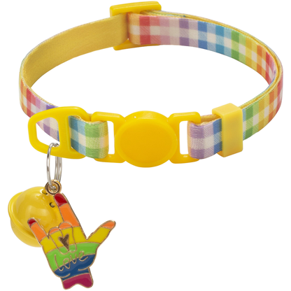 Yellow cat collar with rainbow plaid strap, round buckle, bell and hand-shaped charm