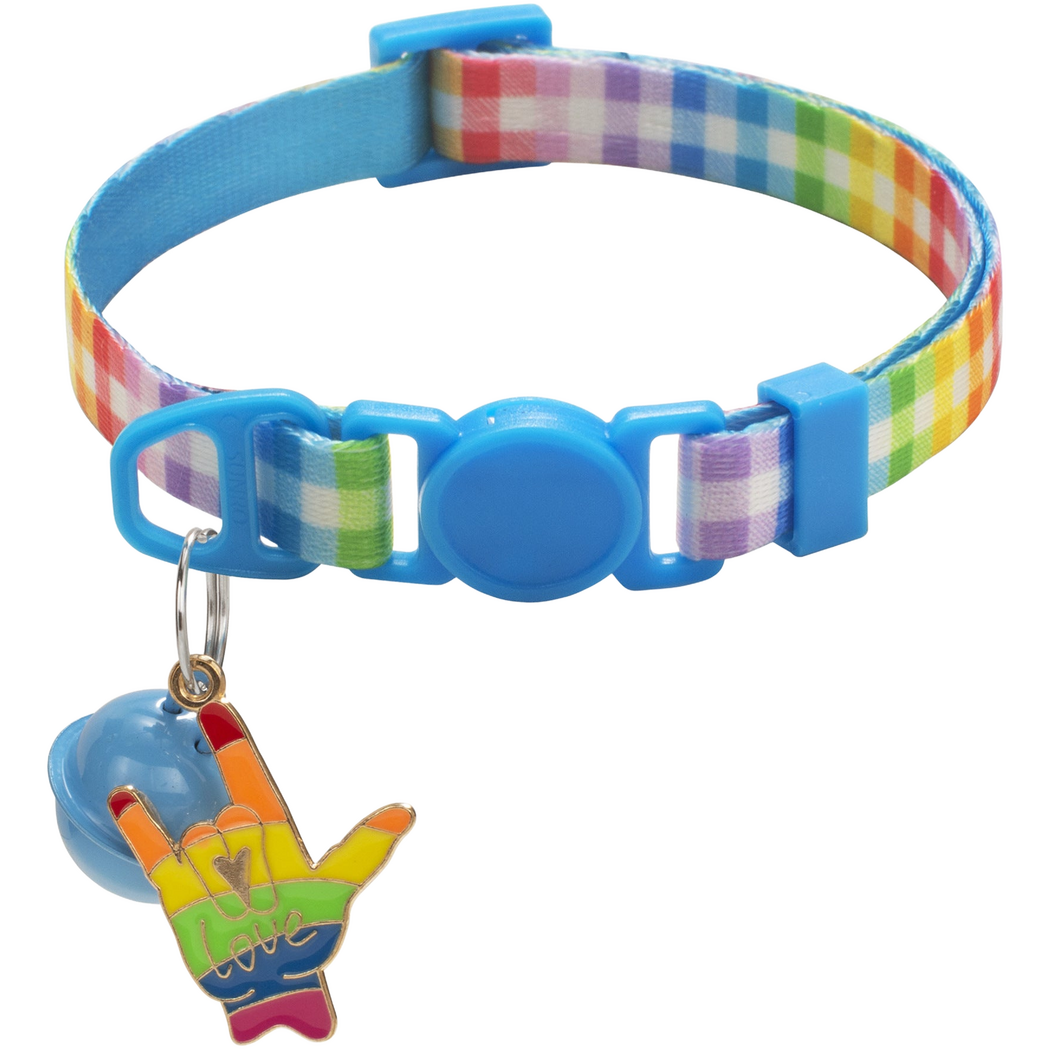 Blue cat collar with rainbow plaid strap, round buckle, bell and hand-shaped charm