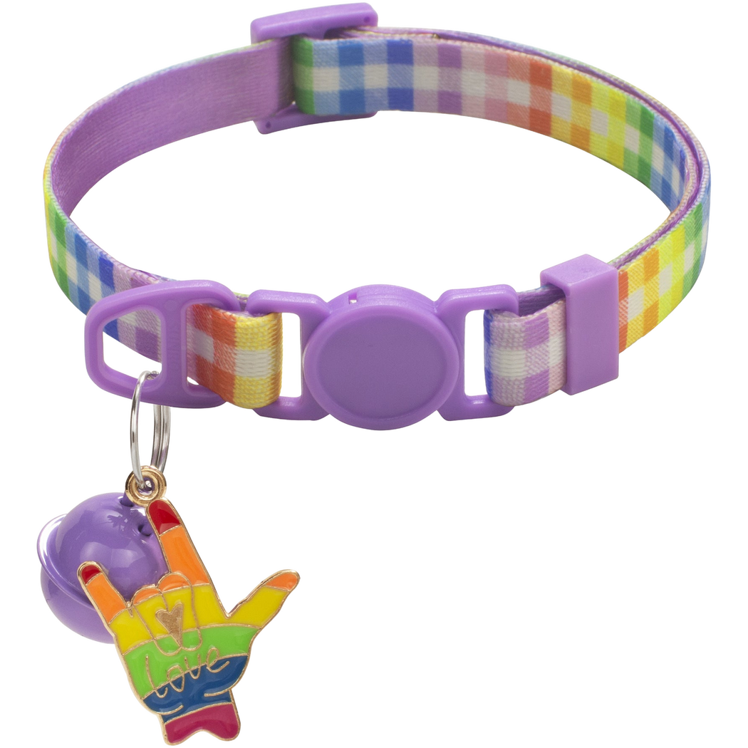 Purple cat collar with rainbow plaid strap, round buckle, bell and hand-shaped charm