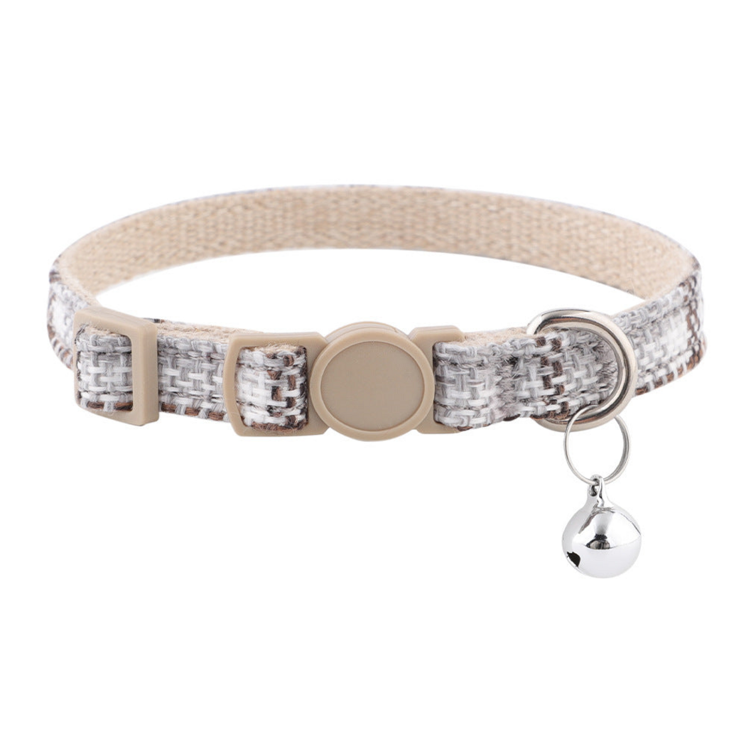 Gray Plaid cat collar with beige buckle and silver-tone bell
