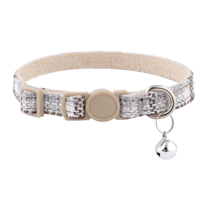 Gray Plaid cat collar with beige buckle and silver-tone bell