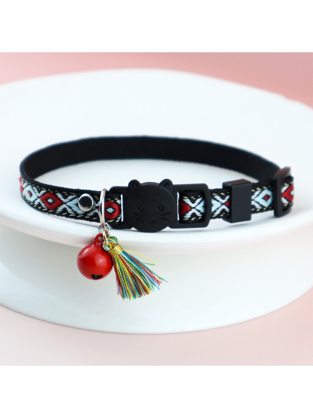 Side view of Mokka Boho pattern breakaway cat collar showing clasp and adjustment slider