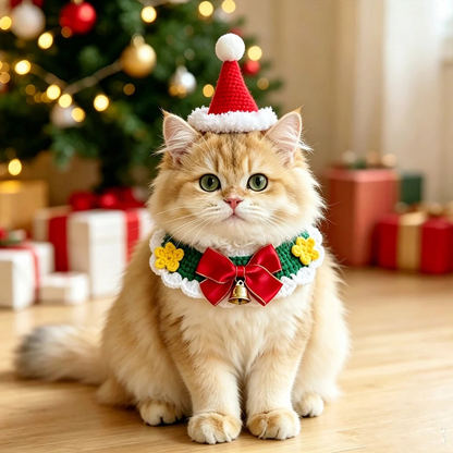 Mokka - Christmas Crochet Hat and Bow Pet Collar