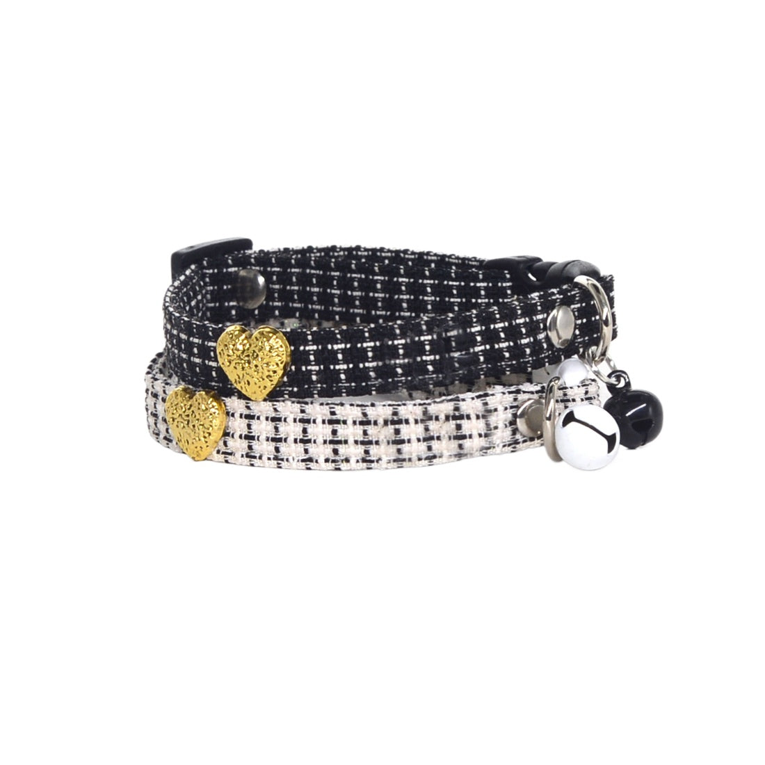Close-up of Mokka tweed heart cat collar with a small heart-shaped charm