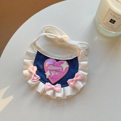 Side view of Mokka denim lace bow pet bandana on a pet showing bow placement