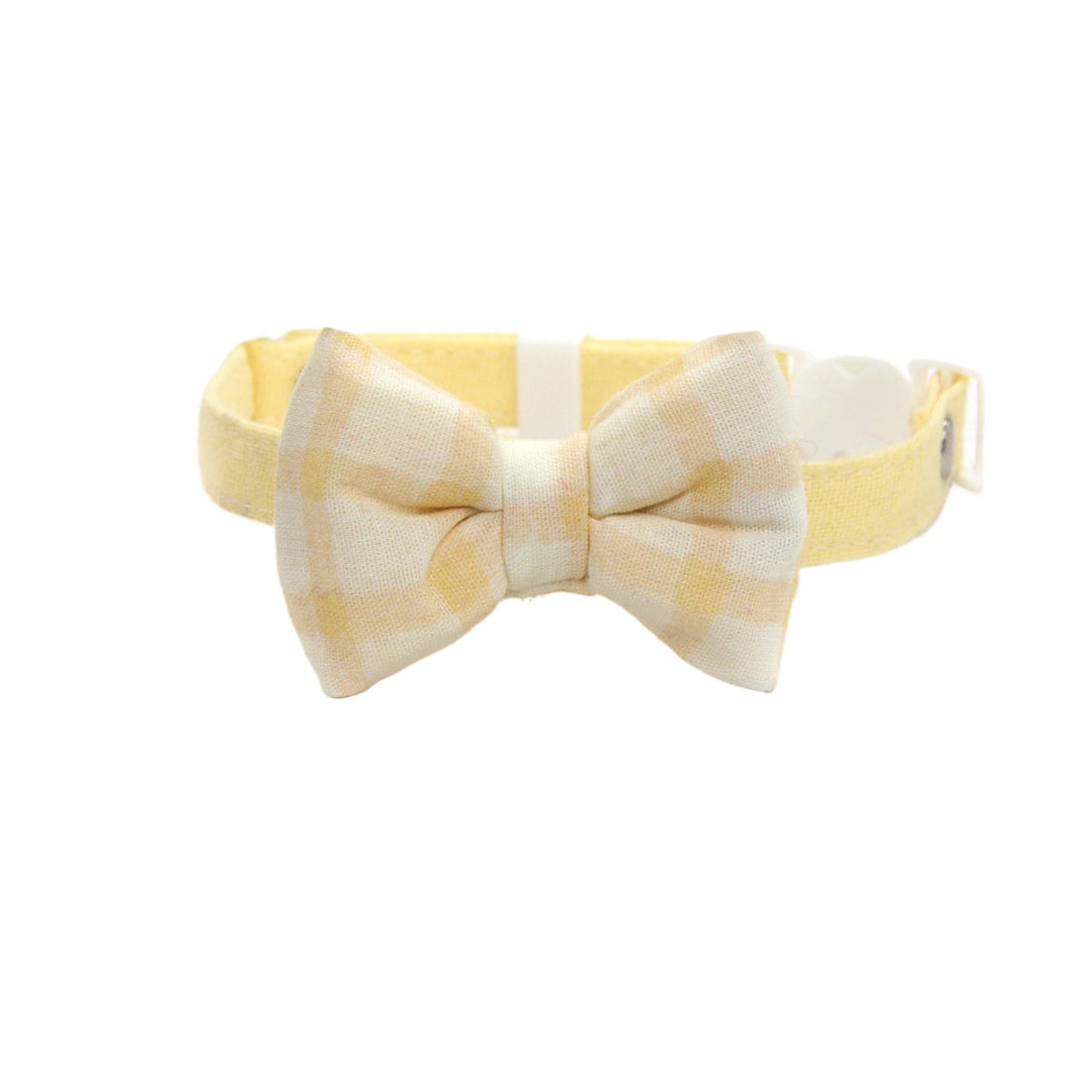 Back view of Mokka soft check bow breakaway cat collar showing adjustable strap
