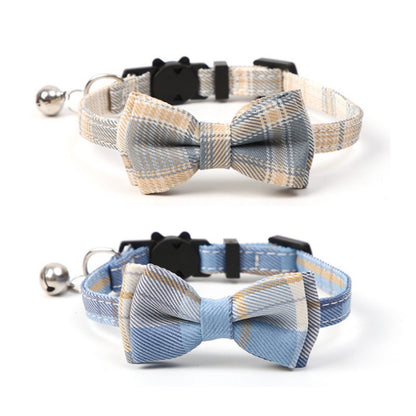 Mokka adjustable checkered bow tie cat collar with breakaway safety feature on white background