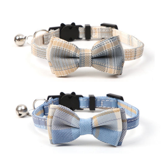 Mokka adjustable checkered bow tie cat collar with breakaway safety feature on white background