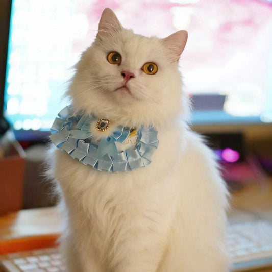 Close-up of Mokka cat neck bib showing detailed ruffle and gem embellishment
