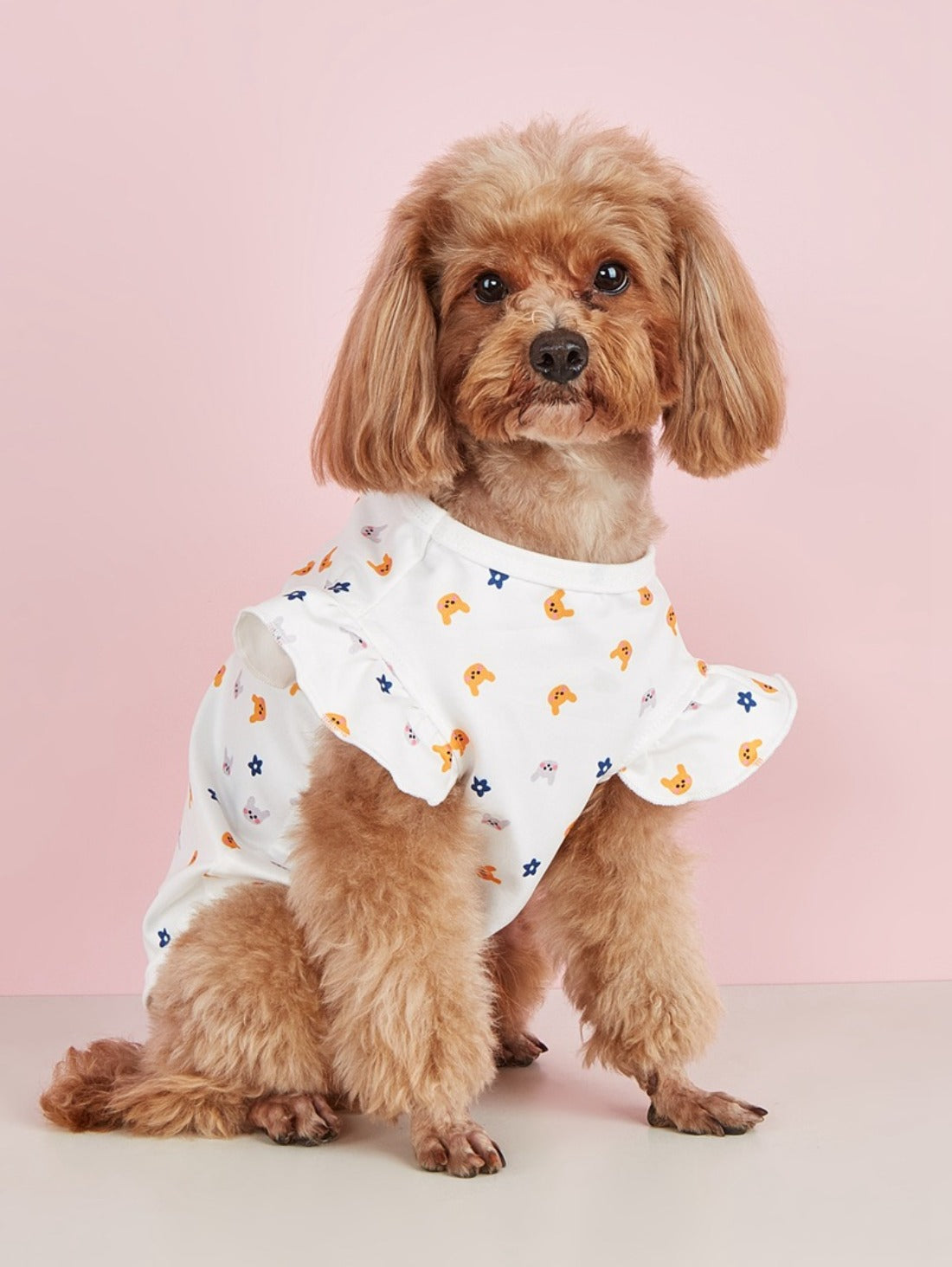 Ozzie dog in ruffle t-shirt standing on grass with a playful expression
