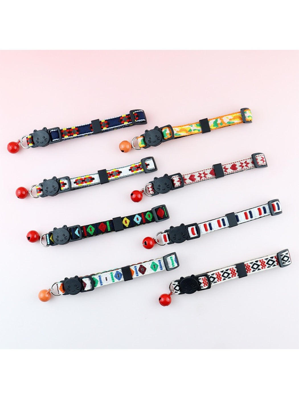 Close-up of Mokka colorful woven cat collar with plastic buckle and metal D-ring