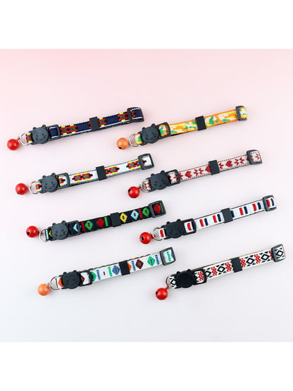 Close-up of Mokka colorful woven cat collar with plastic buckle and metal D-ring