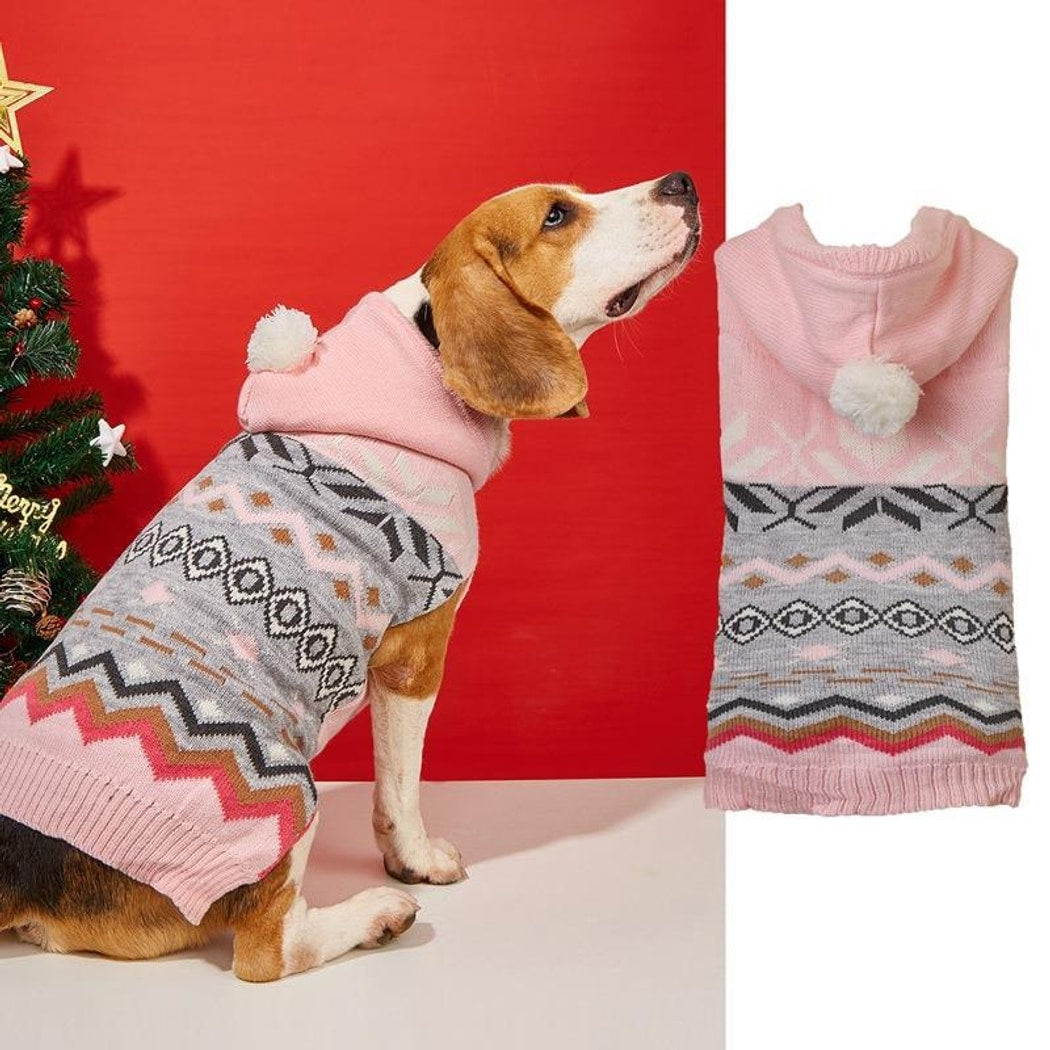 Ozzie - Hooded Pom Pom Geometric Pattern Dog Sweater