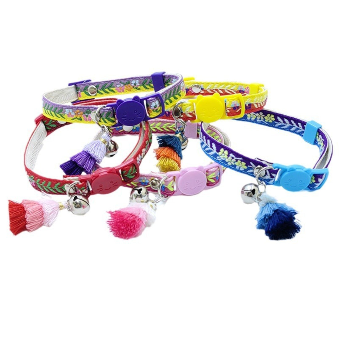 Mokka floral pattern cat collar with tassel and bell displayed on white background
