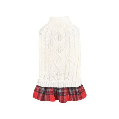 Ozzie - White Cable Dog Dress with Plaid Skirt