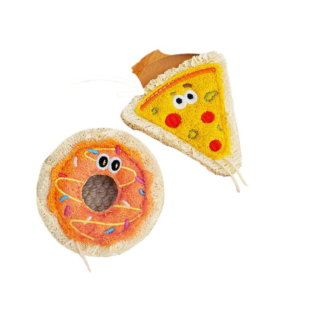 Moo Pizza and Donut Loofah Cat Toy donut shape with pink frosting and sprinkles