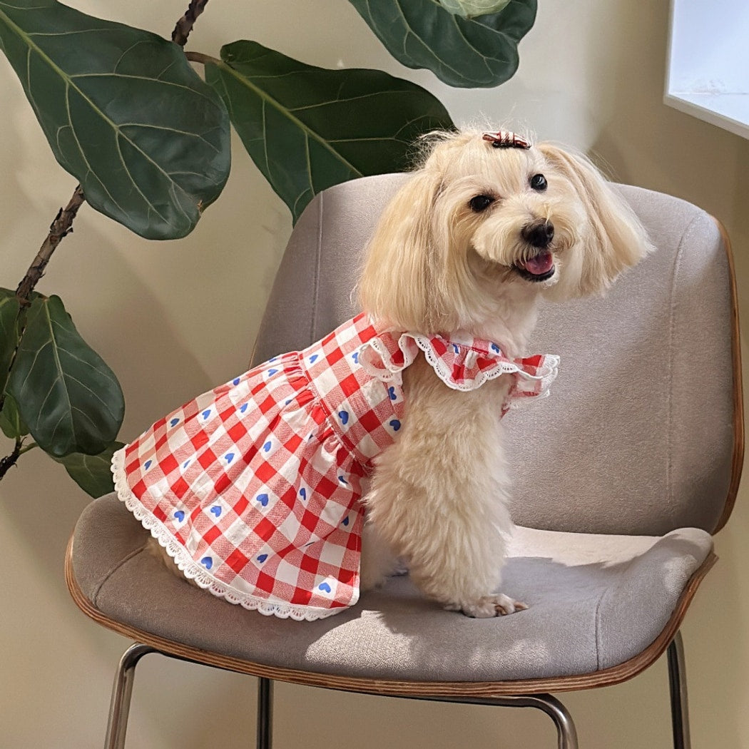 Ozzie - Heart Plaid Ruffle Sleeve Pet Dress