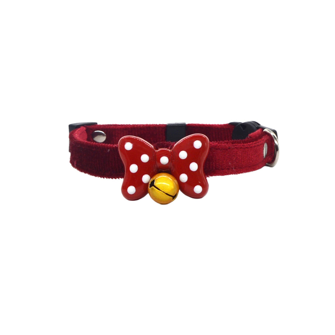 Close-up of Mokka polka dot bow breakaway cat collar showing the buckle and fabric pattern