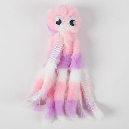 Side view of Petkin plush octopus cat toy showing round body and tentacles