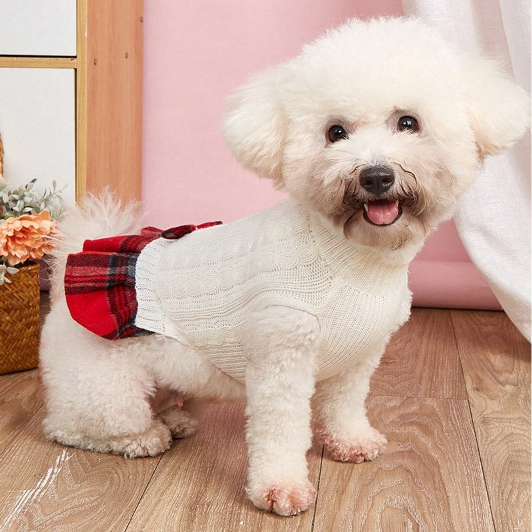 Ozzie - Plaid Hem Cable Knit Sweater Dress