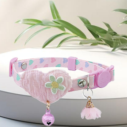 Mokka Heart Floral Charm Cat Collar with bell photographed from above