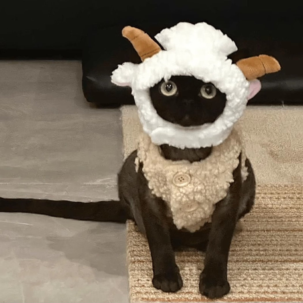 Side view of Ozzie goat costume cat hat showing detailed stitching
