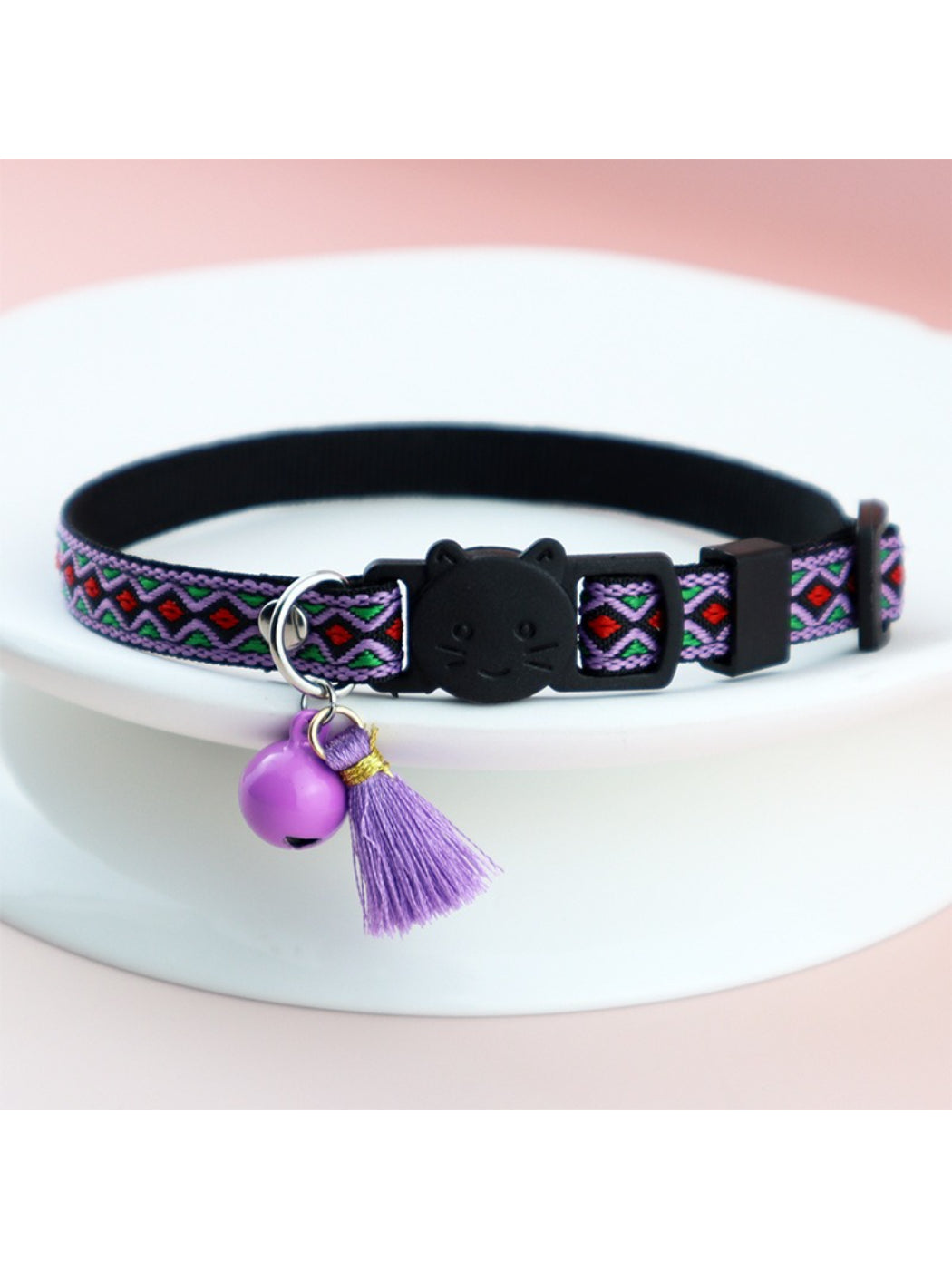 Mokka Boho pattern cat collar worn on a gray cat showing fit and design