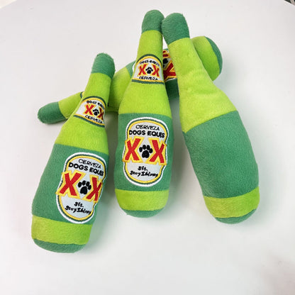 Petkin plush dog beer toy with embroidered detail on a white background
