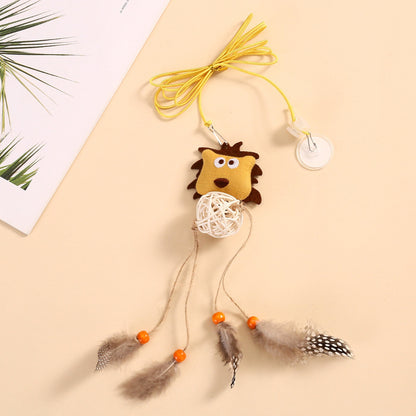 Moo Lion hanging cat toy with soft plush lion head and feather teaser attached