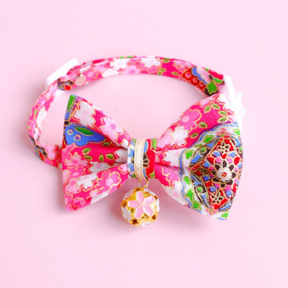 Mokka - Kimono Bow Tie Cat Collar – Adjustable with Traditional Floral Charm