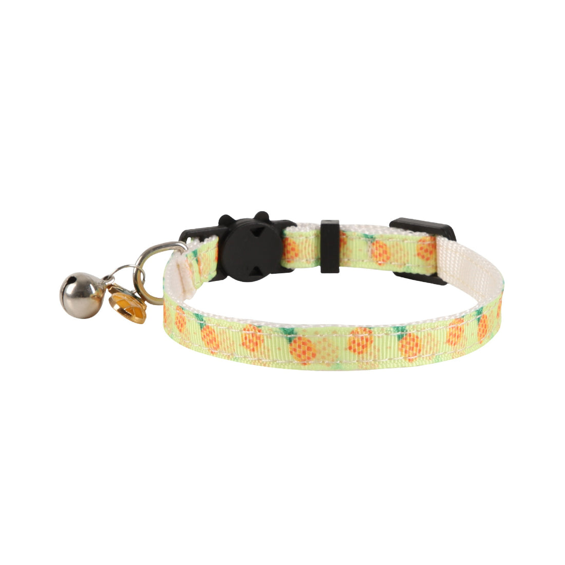 Mokka cat collar with fruit pattern and bell shown coiled on a flat surface