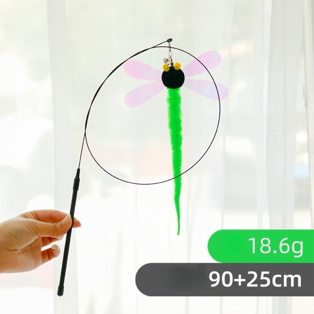 Moo Dragonfly Teaser Cat Wand Toy showing flexible wand and colorful dragonfly teaser