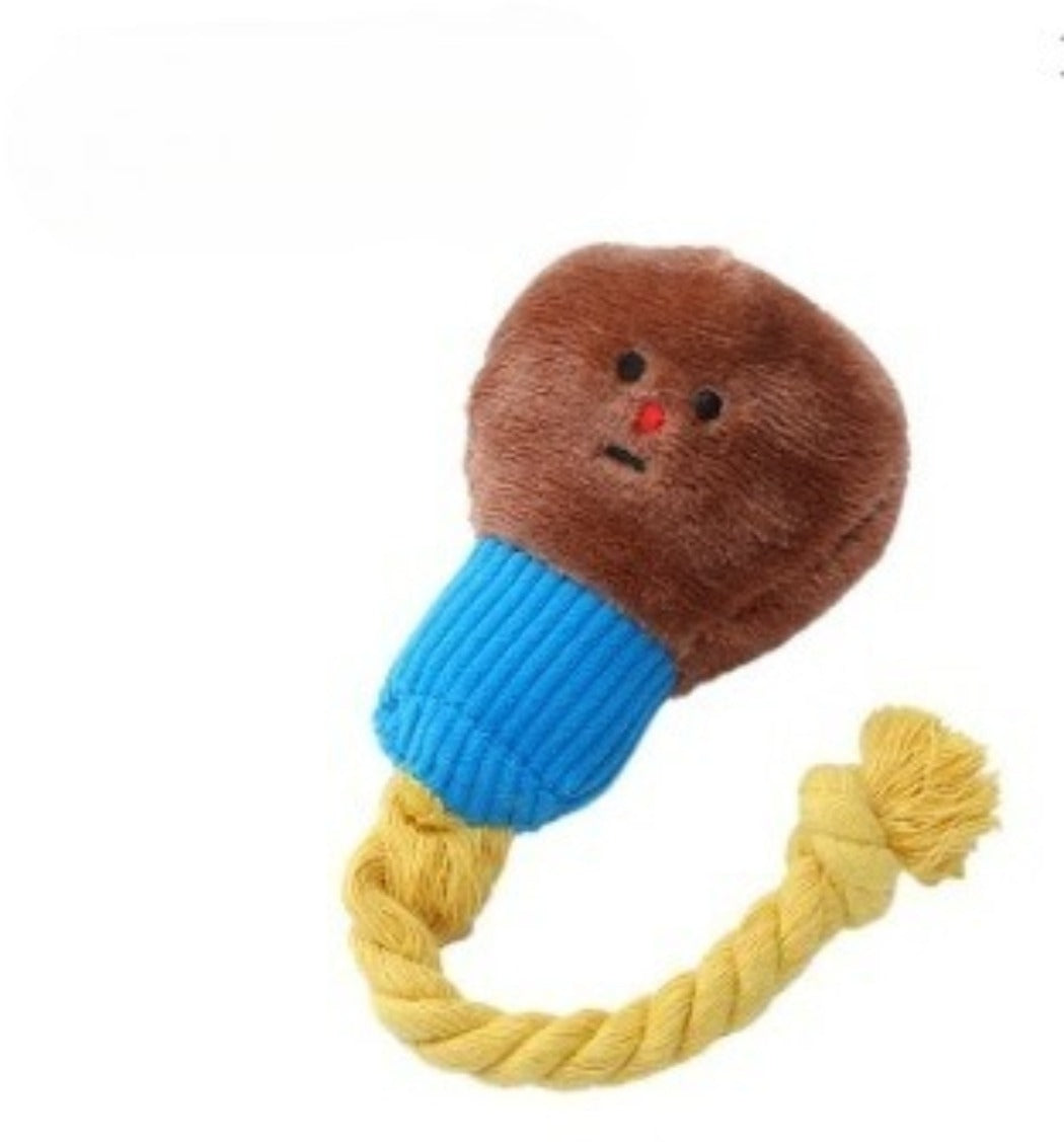 Close-up of Petkin plush head attached to a rope for dog play