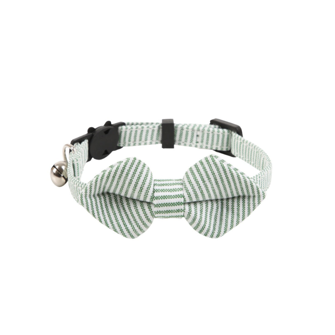 Side view of Mokka striped bow tie cat collar featuring attached bell