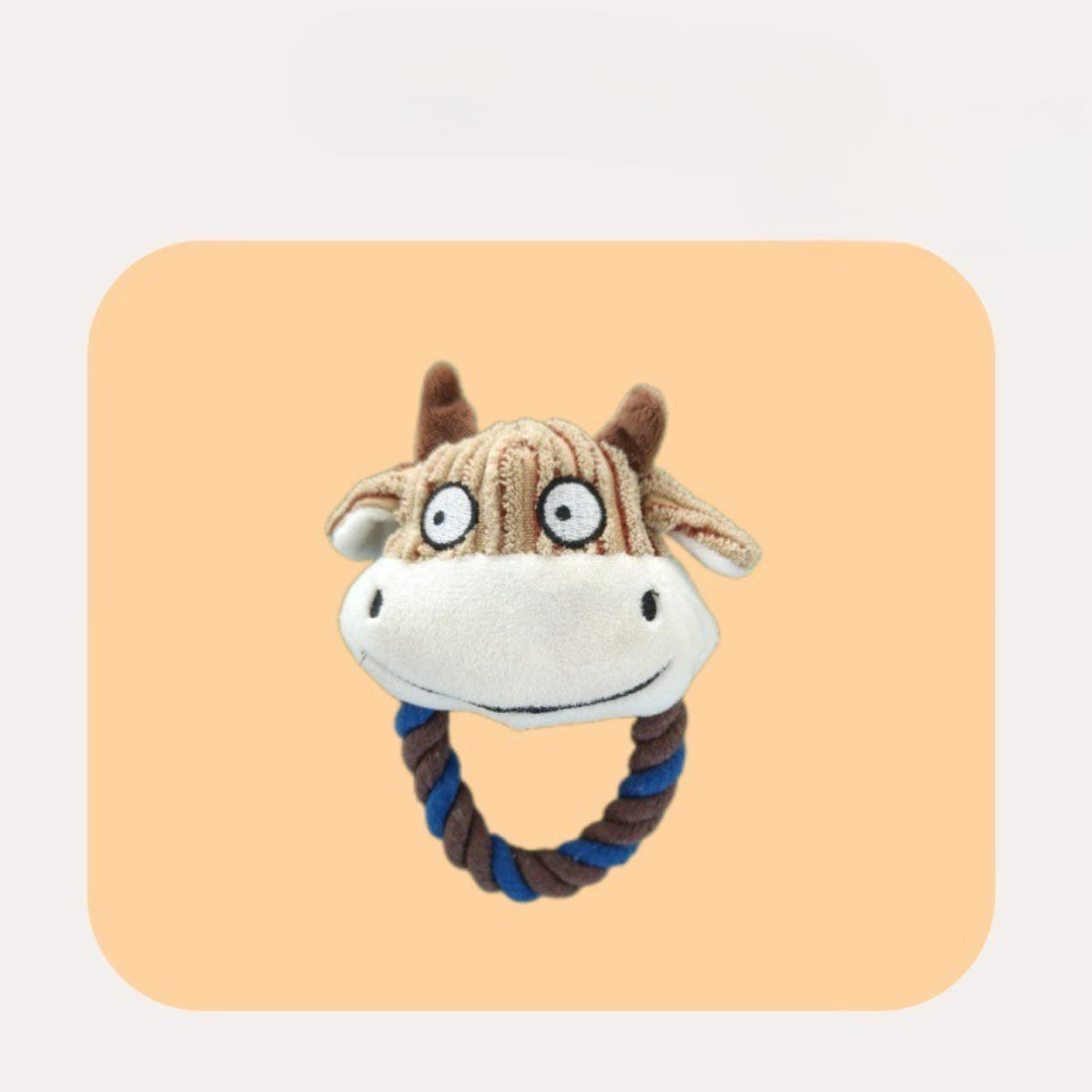 Petkin cow dog plush toy with rope ring shown from top view