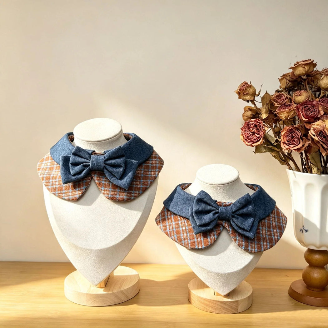 Mokka - Brown and Blue Plaid Bow Cat Collar