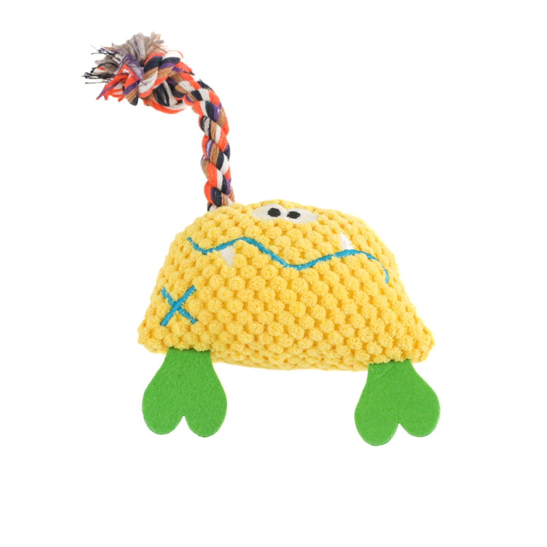 Petkin plush monster dog toy held in hand to show size and softness