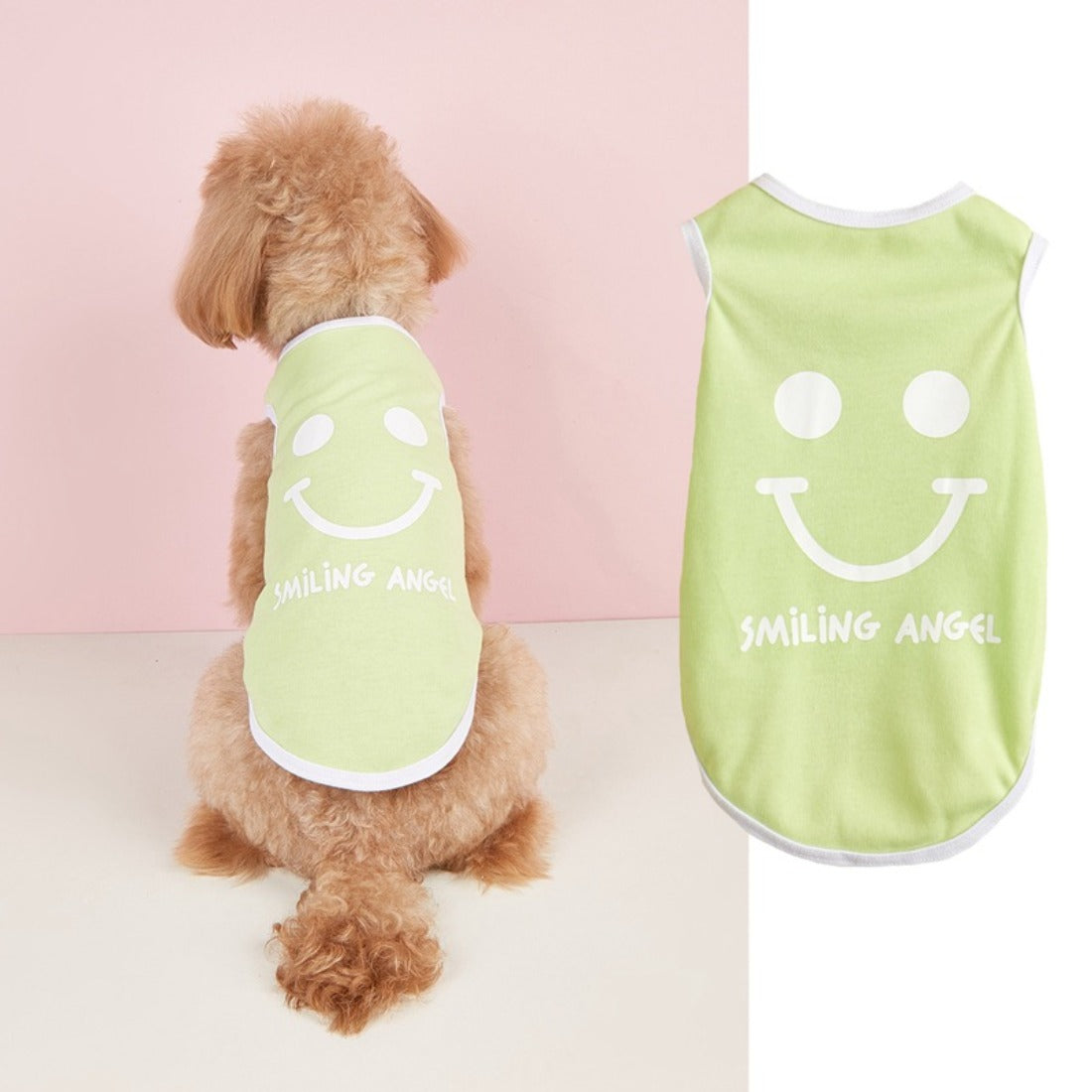 Side view of small dog in yellow Ozzie smiley print tank top