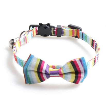 Adjustable Mokka cat collar featuring colorful rainbow stripe bow tie